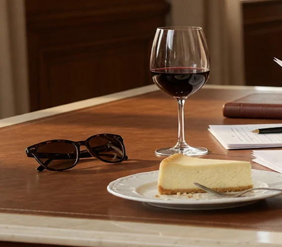 Detailausschnitt mit Rotwein, Käsekuchen und dunkler Sonnenbrille